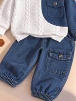 Ensemble de vêtements pour bébé garçon, sweat-shirt bleu et blanc patchwork, jean, ensemble de 2 pièces en denim, 2026