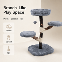 Arbre à chat minimaliste en bois massif Fancie FQPJ1052, tronc en bois naturel, corde en sisal, trois plateformes en peluche pour chats