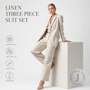 Ensemble de costume trois pièces en lin beige pour <span class=keywords><strong>femme</strong></span>, blazer, gilet et <span class=keywords><strong>pantalon</strong></span> droit, <span class=keywords><strong>tailleur</strong></span>-<span class=keywords><strong>pantalon</strong></span> d'été pour affaires, personnalisable OEM/ODM - Product Image 1