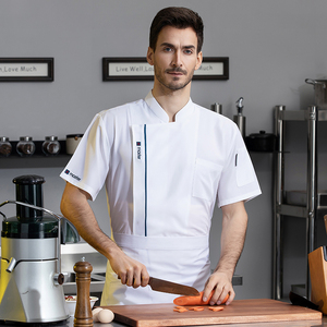 Manteau de chef pour femmes avec maille uniformes de restaurant personnalisés à manches courtes costume uniforme de chef imperméable - Product Image 3