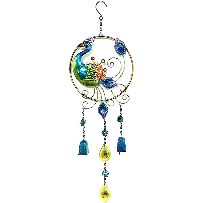 Outdoor Low Price Hanging 3d Peacock Wind Chimes With Metal Bells Wind Chimes With Glass Pendant