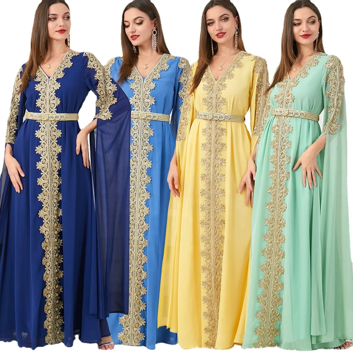 Brodé Ramadan Satin Abaya Kaftan Caftan Arabe Jalabiya Pour Femmes Robes Dubaï Mode Moyen-Orient Robe de Soirée