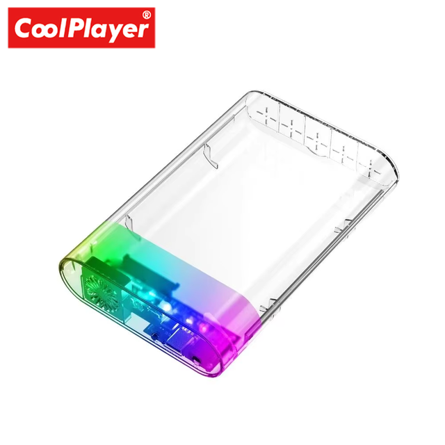 3.5 Inch RGB Light Transparent SATA USB 3.0 Type C HDD Enclosure Supports 22TB External Hard Drive with Built-in Fan