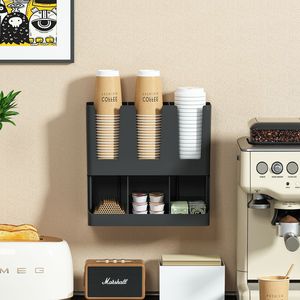 Boîte de rangement pour dosettes de café, organisateur mural noir à 2 niveaux pour l'organisation de bureau d'un café, avec support pour couvercles de tasses et pailles - Product Image 1