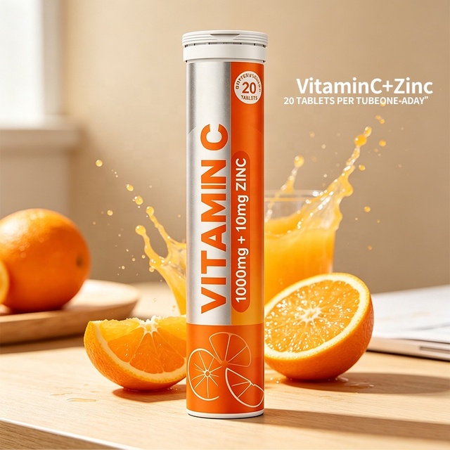 Vitamin C + Zinc Effervescent Tablets, Orange Flavor, 1000mg + 10mg, Support Immune, GMP Certified Private Label Bulk Wholesale