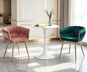 Chaises de salle à manger en velours de luxe nordique, dossier tressé, pieds en métal noir et or, chaises rembourrées pour la maison, le bureau, la villa - Product Image 2