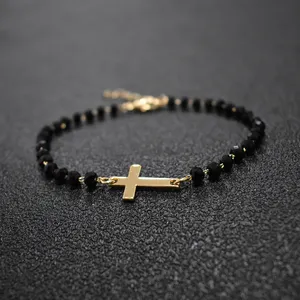 New Design Rosary Style Sideways Cross Bracelet Black Beads Gold Color Chain Bracelets for Women