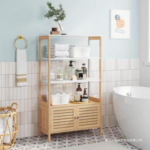 Meuble de salle de bain en bambou avec 3 étagères et doubles portes, armoire de rangement moderne - Product Image 4