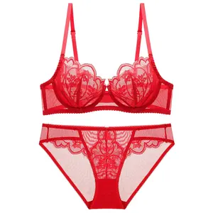 Suministro de fábrica original más tamaño Sujetador push up conjunto de las mujeres de encaje sexy transparente ropa interior fina sujetador y bragas conjunto