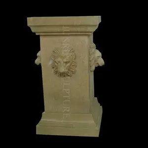 Estilo europeu decorativo mármore bege coluna pedra pilar leão cabeça pedestal base para estátua escultura