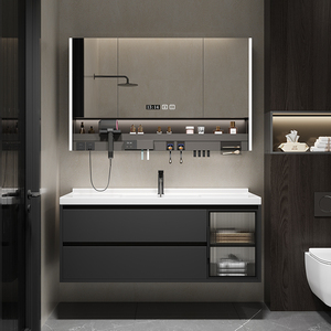 Armoire de salle de bain moderne simple et intelligente combinaison de bois massif salle de bain en céramique un bassin ensemble de table de lavage et lavage - Product Image 5