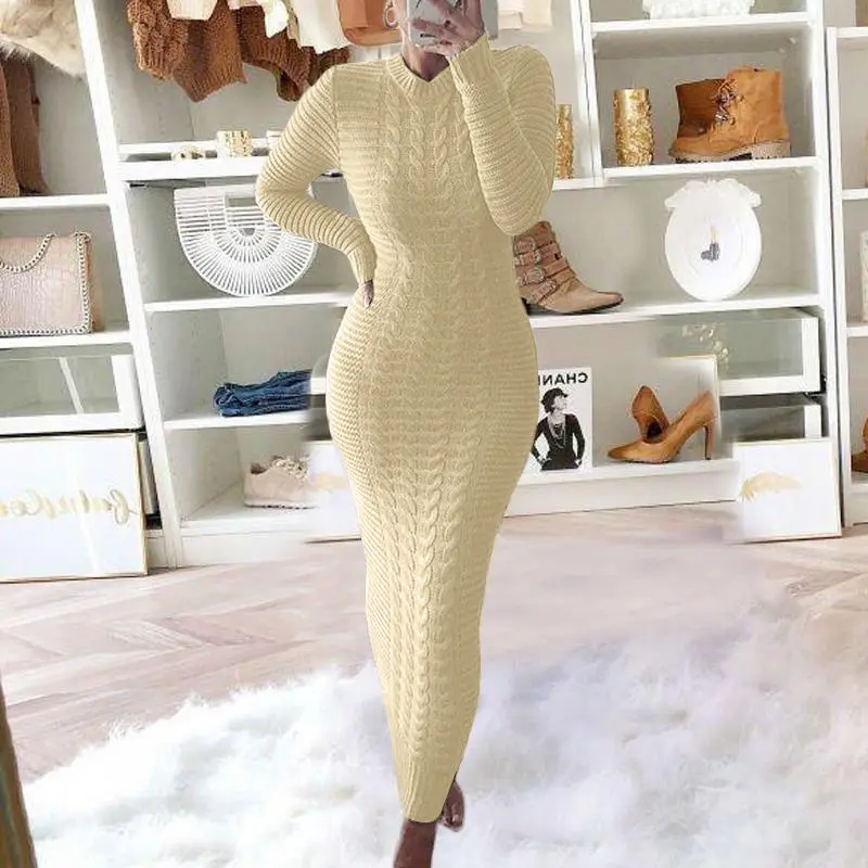 2022 Fall Fashion Women Knitted Dresses Elegant Bodycon Winter Women Plus Size Sweater Maxi Dress Ladies