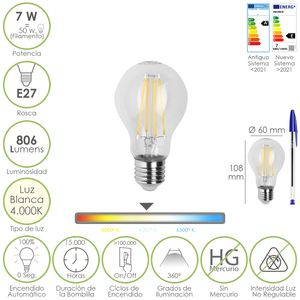 Lampadina LED a filamento con attacco E27 standard. 7 Watt. Equivalente a 50 Watt. 806 Lumen. Bianco Neutro 4000K. - Product Image 1
