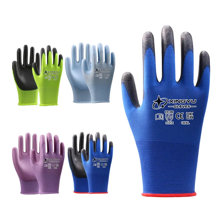 Gants personnalisés XINGYU avec logo 13G Gants enduits de PU en polyester Gants de sécurité noirs avec logo personnalisé