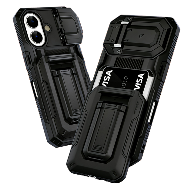 Shockproof TPU+PC Hard Phone Case Card Holder Wallet Camera Protector Stand Holder Mobile Phone Case for 16 Pro