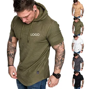 High quality mans plain hoodies tshirt slim gym hoodie men custom logo sports shorts sleeve t-shirt with hoodies