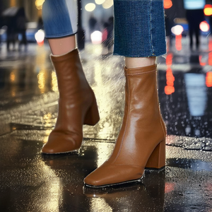 French Brown Western Peep Toe Ankle <b>Boots</b> Slim Retro Fall Mid-Tube Square Chunky Heel Elastic Zipper PU Upper Waterproof - Product Image 2
