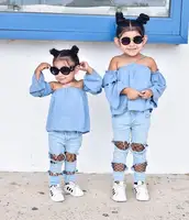 Amazon Vestiti Del Bambino Blu Del Denim Delle Ragazze Giacca Foro a Rete Dei Jeans Due Pezzi Alla Moda di Abbigliamento per Bambini Set Bambini