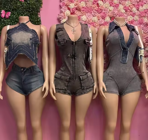 Viviblook Z407STRP <b>Casual</b> Cowboy Patchwork Romper Shorts New Sleeveless Denim Romper Female Clothes - Product Image 1