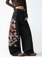 Jean baggy vintage pour femme, coupe large, noir délavé à l'acide, avec broderie 3D et motif de créateur en denim