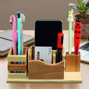 Organisateur de bureau en bois avec support pour téléphone et porte-stylo, design mignon, en bambou, fait main, cadeau de bureau - Product Image 5