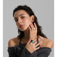 Bague ajustable JINYOU 2138 style vintage en acier inoxydable avec pierre naturelle amazonite carrée et ouverture large creuse