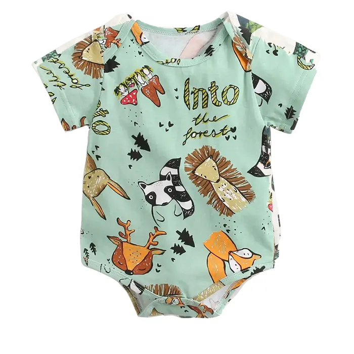 Onesie motif hewan bayi laki-laki dan perempuan, baju terusan bayi lengan pendek musim panas