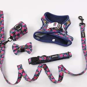 Neoprene Dog Harness Set Personalization One Step In Floral Dogs Puppy Harness Collar Poop Bag Holder For Small Size Pet