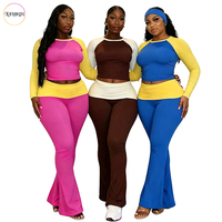 Ensemble ODM pour femme : haut court à manches longues raglan color block et pantalon évasé taille haute pliable, extensible, grande taille, pour yoga et streetwear