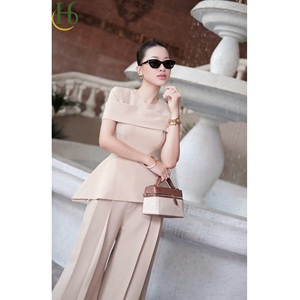 Pantalon plissé ample taille haute pour femme, coupe décontractée, en polyester et élasthanne, style vietnamien, idéal pour l'été - Product Image 1