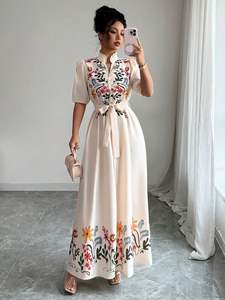 Vestido Largo Bohemio Vintage de Línea A, Tejido 100% Algodón, Manga Corta, Solapa Bordada, Cintura Natural, Tinte Liso, Lavable, con Bolsillos - Product Image 6