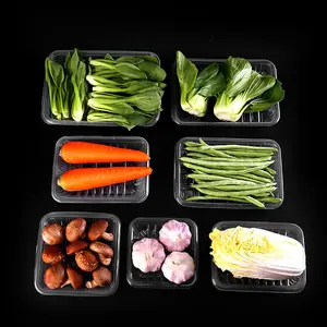 Bandeja plástica descartável para frutas e vegetais PET, bandeja transparente para embalagens de alimentos para supermercado