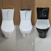 WC monobloc OVS CUPC 305 mm à siphon en S, à poser au sol, avec ligne noire et or de luxe pour salle de bain