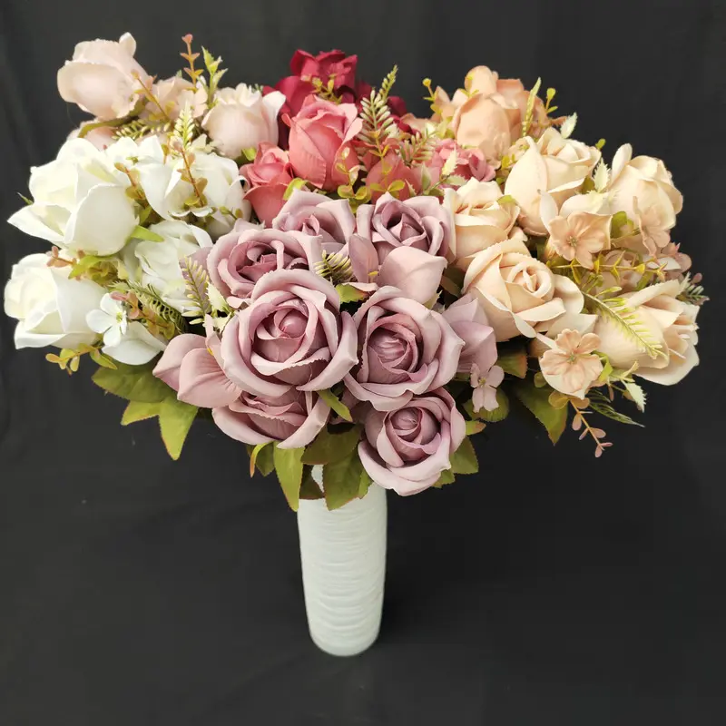 Fabricants en gros 11 têtes de roses polonaises de simulation de fleurs de mariage faites à la main