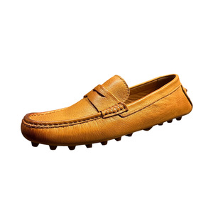 Qhccid Men's Leather Loafers Slip-On Breathable Low <b>Heel</b> Casual Shoes Brown Solid Color Handmade - Product Image 2