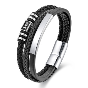 Men's Antique Symbol Bar <b>Bracelet</b> | Braided Genuine <b>Leather</b> With Magnetic Clasp & Stainless Steel Accents | Stylish Gift for Him - Product Image 1