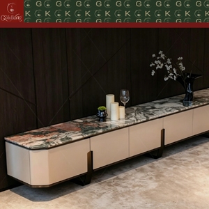 Console <span class=keywords><strong>TV</strong></span> GOLDKING moderne pour salon, marbre rose quatre saisons, panneaux crème, poignées noir et or, conception personnalisée OEM, modèle 3D CAD - Product Image 2