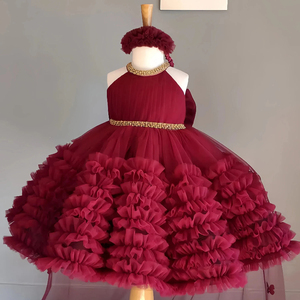 Abiti di Lusso per Bambine Rosso Vino, Vestito a Strati con Volant, Abbigliamento per Feste, Outfit per Bambini, Abbigliamento per Neonati - Product Image 1