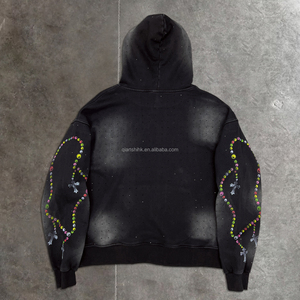 Mode pull imprimé goutte épaule à capuche haute qualité 500gsm strass à capuche lavé français Terry surdimensionné sweats à capuche unisexe - Product Image 2