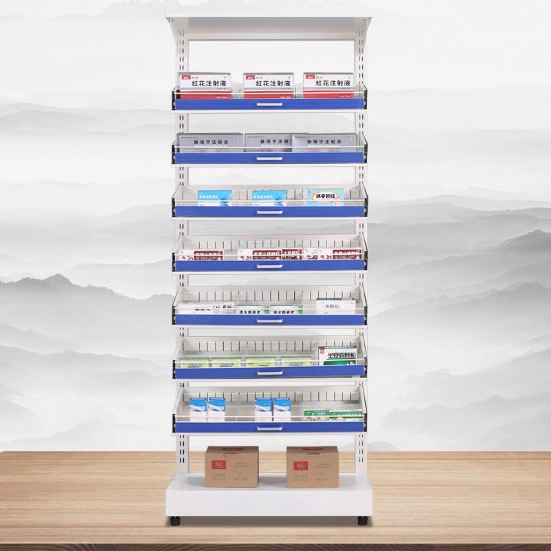 Étagère à médicaments à 4 niveaux, coulissante simple face en acier renforcé.