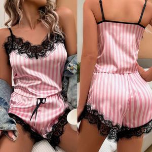 Ensemble de pyjama en satin de soie rayé rose à bretelles, style européen et américain, sexy, taille élastique, motif floral - Product Image 6