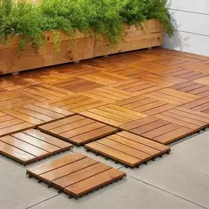 Acacia Hardwood Interlocking Deck Tiles - Oak Grid Floor Tiles for Patio and Deck Use Natural Wood Outdoor Decking and Flooring