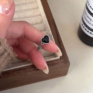 S925 Sterling Silver Black Agate Heart <b>Ring</b> <b>Open</b> Design For Index Finger Women's Jewelry Everyday Wear - Product Image 4
