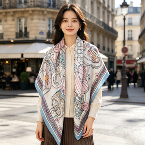 110cm 100% Mulberry <b>Silk</b> <b>Scarf</b> for Women Oil Painting Style <b>Silk</b> Crepe Satin <b>Square</b> <b>Scarf</b> Fashion Shawl Headscarf - Product Image 3