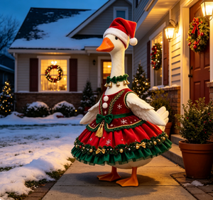 Winter Christmas Goose Outfit Set Dress Santa Hat Bells Wreath Outdoor Garden Holiday Decoration - Product Image 2