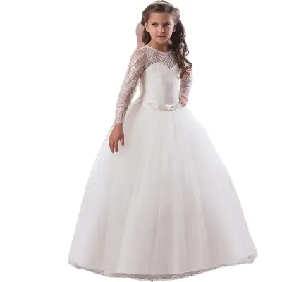 Child high quality crew neck big girl dresses for prom party white elegant girl wedding dress 5-14 years old formal occasion