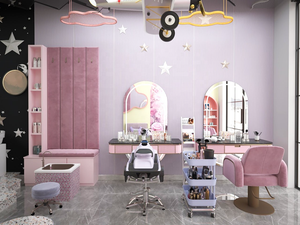 Juego de Muebles de Salón de Belleza para Niños Personalizado, Estación de Estilismo con Temática Rosa, Mueble de Recepción y Exhibición para Salón Infantil - Product Image 1
