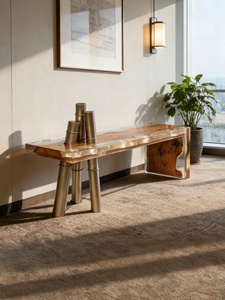 Banco Moderno y Sencillo de Resina Transparente, Taburete Largo de Madera Maciza, Personalizado, Comercial, Cuadrado, para Ocio y Espera, con Unión de Bambú - Product Image 3