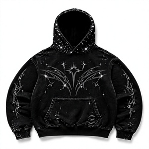 Sweat-shirt à capuche noir personnalisé avec strass, unisexe, coupe oversize, style streetwear, en molleton bouclette 100% coton respirant - Product Image 1