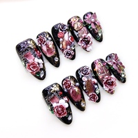 Lot de 10 faux ongles à presser en acrylique, forme cercueil, avec base noire, motif 3D rose rouge et papillon en strass, réutilisables, couvrance totale, vente en gros